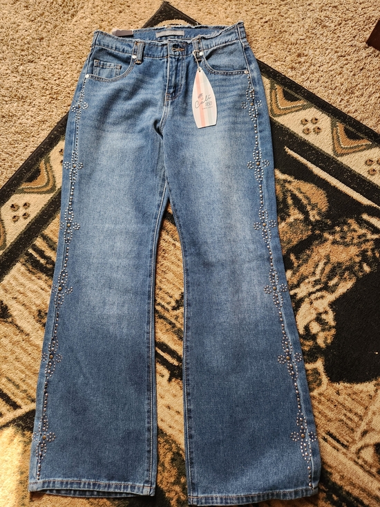 Cali1850 Denim - Women's Blue Embellished Wide Leg Jeans
